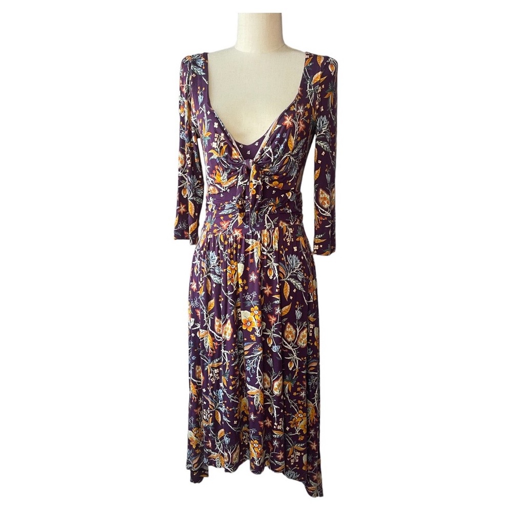 Anthropologie Maeve purple floral v neck tie front dress. - Picture 3 of 7